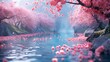 A serene river adorned with delicate pink flowers gently floating on the water, creating a beautiful and tranquil scene in nature