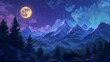 Whimsical intricate panorama with mountains, trees and moon. Digital fantasy painting. Night landscape