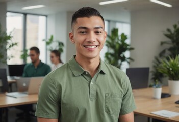 Sticker - A confident young male professional is smiling at the camera with colleagues in an office setting behind him.