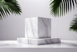 white Marble cube, square box podium with palm leaves in white background. concept 