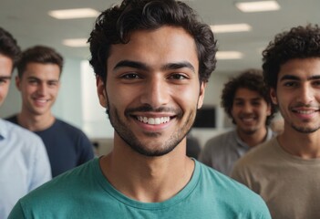 Sticker - A man smiling at the camera with colleagues in the background. Represents leadership and teamwork in a workplace.