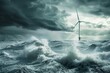 Wind turbine in stormy ocean waters, with huge waves and lightning