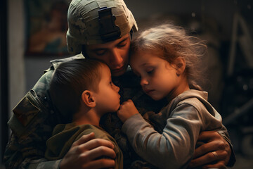 Wall Mural - Father military soldier in army uniform hugging children son daughters.