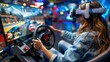 Vr driving school exam  woman controls car in simulator with steering wheel in class