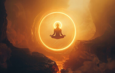 Wall Mural - A person meditating with their aura glowing around them, surrounded by energy rings and an inner light emanating from the center of his body, representing spiritual awakening