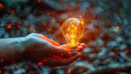 Poster - Conceptual image with lightbulb with moving gears as a symbol of an idea on dark background