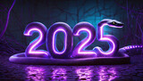 Fototapeta Psy - New Year 2025 numbers. snake,neon glow,purple background. Year of the snake, New Year concept. Illustration.