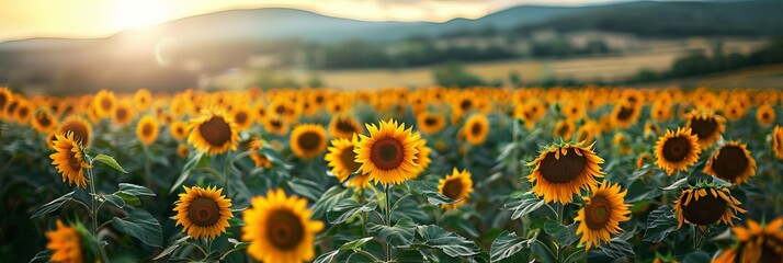 Poster - A field of towering sunflowers in full bloom, their petals glowing under the golden hues of the setting sun in the background, casting long shadows across the landscape