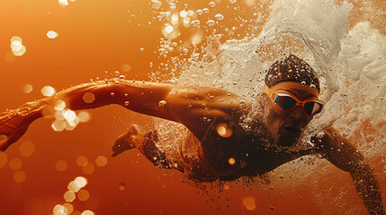 Wall Mural - A world-class swimmer in mid-stroke, water droplets frozen in the air, against an intense orange background.