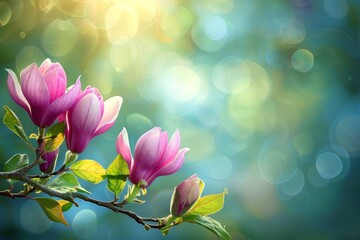Poster - Delicate magnolia flowers bloom against a dreamy backdrop of gentle sunbeams and bokeh