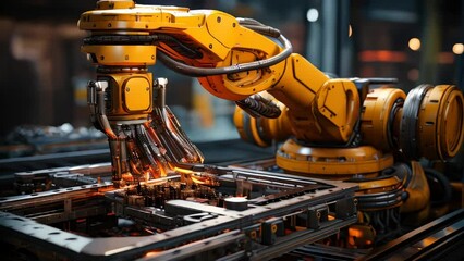 Poster - Industrial robot arms working in factory production line. Concept of artificial intelligence for industrial revolution and automation manufacturing process