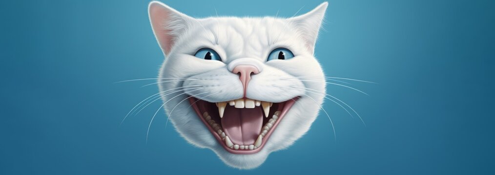 Smiling cat's head on a blue background with a place for the text
