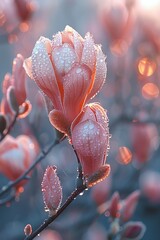 Poster - Delicate magnolia flowers glisten with morning dew against a soft, glowing backdrop