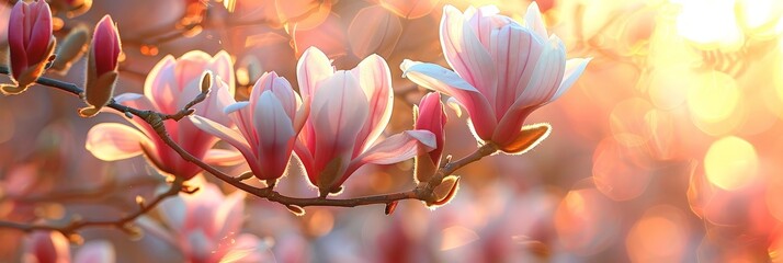 Poster - Magnolia flowers radiate in the golden light of a tranquil sunset