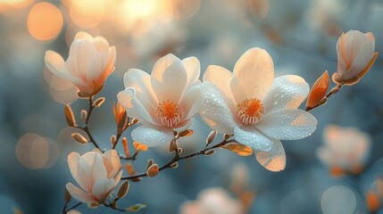 Poster - Dawns early light catches the delicate dew on blooming magnolia flowers