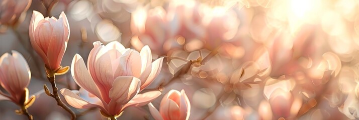 Poster - Soft light bathes a cluster of magnolia flowers, enhancing their pastel colors at dusk