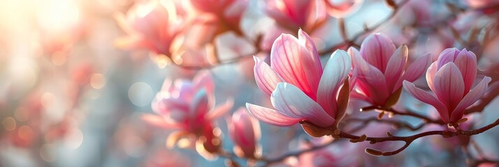 Canvas Print - Sunlight kisses the delicate petals of magnolias, casting a warm glow at dusk