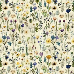 Wall Mural - Delicate seamless floral pattern blooming across a pristine white canvas, showcasing intricate details and vibrant colors of various flowers