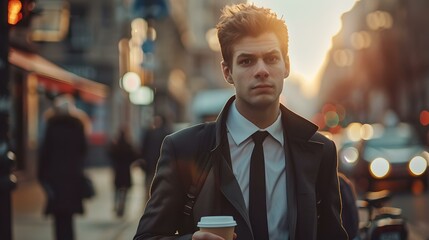 Wall Mural - Confident young businessman walking in the city holding a coffee cup. casual style professional in an urban setting. modern lifestyle portrait. AI