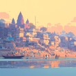 Peaceful Ghats on the Ganges River - A serene illustration capturing the spiritual and cultural essence of Varanasi.
