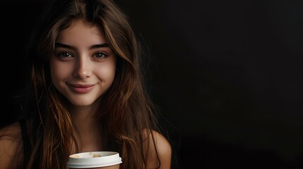 Poster - Young woman smiling gently while holding a coffee cup in a dark setting. casual portrait with a warm, relaxed vibe and soft lighting. ideal for lifestyle marketing. AI