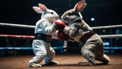 Two rabbit fight in boxing gloves in the gym. 