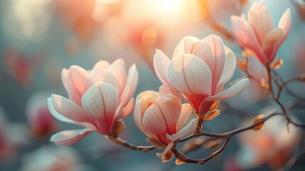 Poster - Early morning sunlight filters through delicate magnolia blossoms, highlighting their soft petals