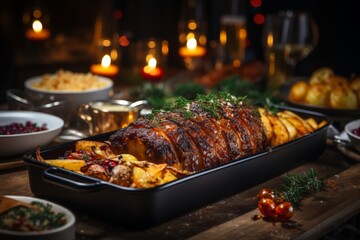 Poster - A large platter of delicious food displayed on a wooden table, showcasing a variety of dishes and flavors ready to be enjoyed