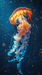 glowing jellyfish swims with long poisonous tentacles, sea animal lumen, bokeh, vertical