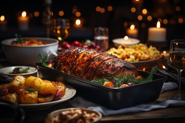 Poster - A lavish spread of food covers the table, accompanied by a glass of wine. The scene is filled with abundance and celebration
