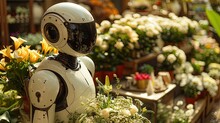 A White Humanoid Robot In A Flower Shop, Elegantly Holding A Bouquet Of Royal Lilies Amidst A Background Filled With Green Plants And Vases Adorned With White Roses.