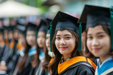 Sticker - Smiling Graduate Girl in Cap and Gown with Blurred Group of Graduating Students in Background