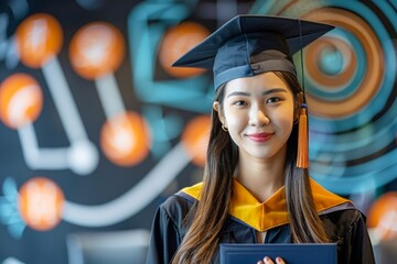 Wall Mural - Cheerful Young Woman in Graduation Gown and Cap Holding Diploma with Proud Smile Against Decorative Campus Background