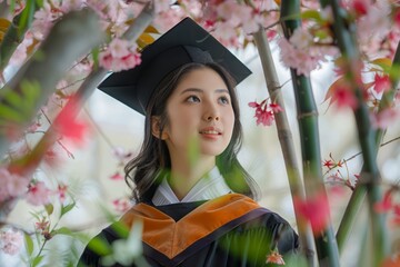 Wall Mural - Young Female Graduate in Cap and Gown Admiring Spring Blossoms, Symbolizing New Beginnings and Achievements