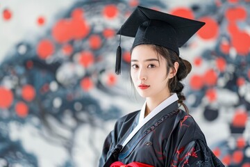 Sticker - Traditional Asian Woman in Graduation Gown and Cap in Front of Decorative Floral Backdrop