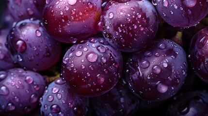 Poster - Close-up view of dewy purple grapes. fresh and juicy fruit background. vibrant color, healthy food concept. natural texture, photographic detail. AI