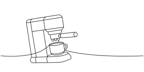 Wall Mural - Coffee machine with cup one line continuous drawing. Hand drawn elements for cafe menu, coffee shop. Vector linear illustration.