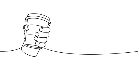 Wall Mural - Hand holding coffee cup one line continuous drawing. Hand drawn elements for cafe menu, coffee shop. Vector linear illustration.