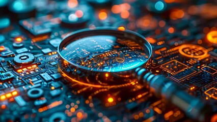 Poster - Close-up of a magnifying glass on a printed circuit board