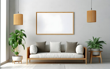 A modern interior with a blank picture frame hanging on the wall