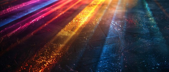 Wall Mural - dark abstract background with leaking rays of rainbow coloured light.