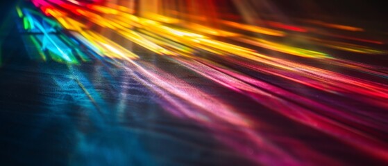 Wall Mural - dark abstract background with leaking rays of rainbow coloured light.