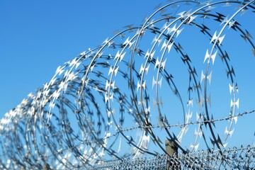 Wall Mural - Barbed wire fence, clear blue sky in the background. The concept of border, prison, war or immigration.