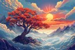A tree of life surrounded by mountains and clouds