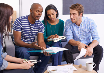 Poster - Business people, documents and team planning, discussion or brainstorming together in startup. Diverse group, paperwork and creative designers in collaboration, cooperation and serious in meeting
