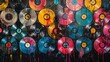 A graffiti-style painting of colorful vinyl records with drips and splatters, creating an abstract pattern on the wall.