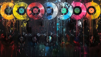 Wall Mural - A graffiti-style painting of colorful vinyl records with drips and splatters, creating an abstract pattern on the wall.