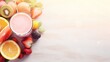Fruits for smoothies lie on a wooden table, there is a glass with smoothies, top view, banner