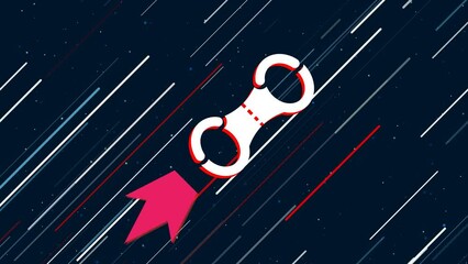 Poster - Handcuffs symbol flies through the universe on a jet propulsion. The symbol in the center is shaking due to high speed. Seamless looped 4k animation on dark blue background with stars