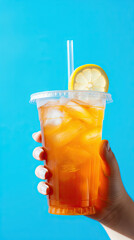Wall Mural - A hand holding takeaway plastic cup of delicious iced lemon tea on pastel blue background